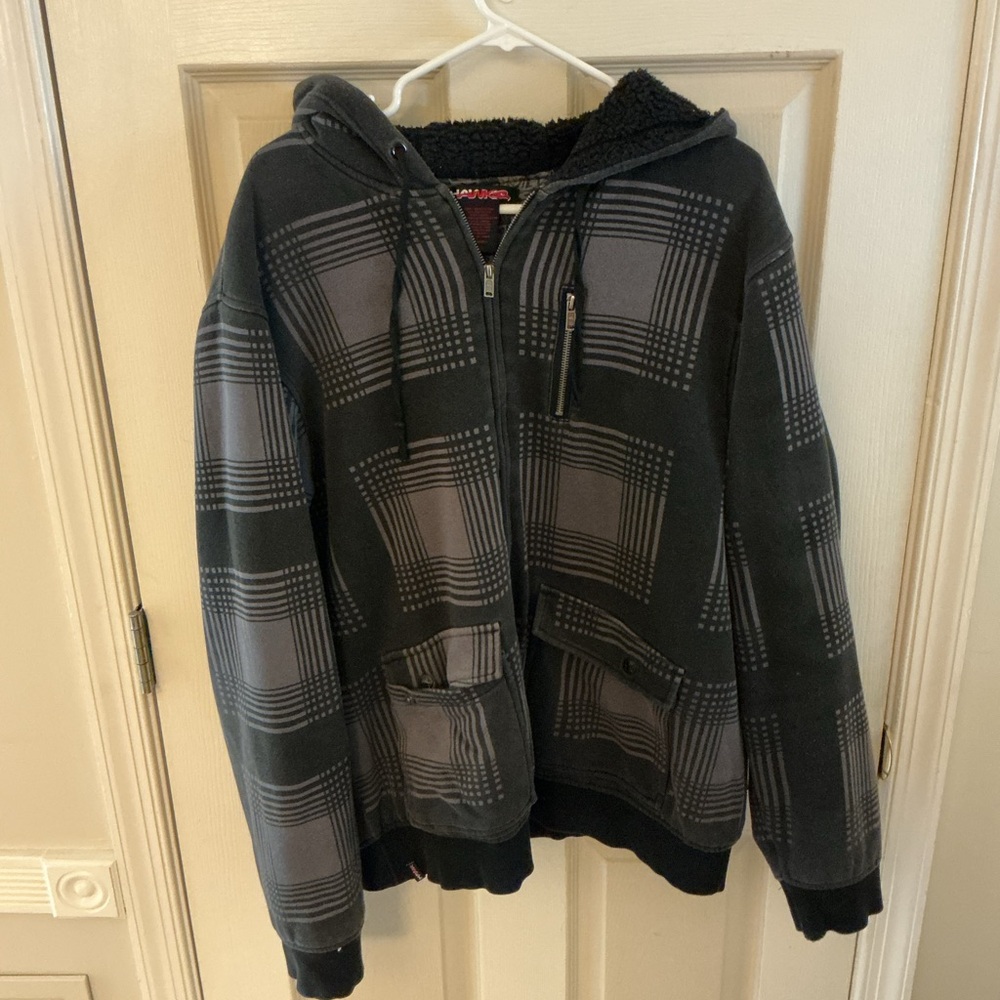 Tony Hawk Black and Gray Plaid Sherpa-Lined Hoodie Jacket XL